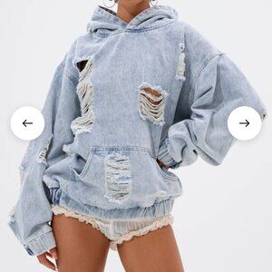 AKIRA Trinity Distressed Denim Hoodie (Size 1X/2X)